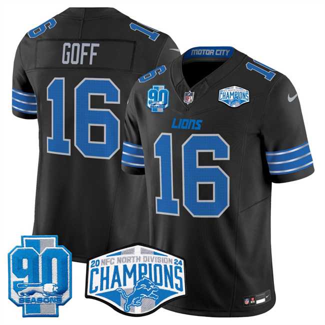 Mens Detroit Lions #16 Jared Goff Black 2024 NFC North Champions 90th Anniversary Patch F.U.S.E. Vapor Limited Stitched Jersey